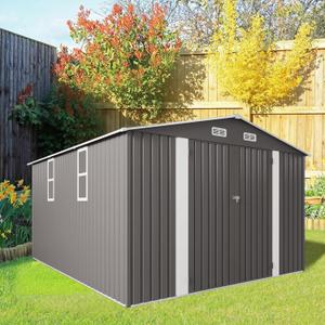 10x12 FT Outdoor Storage Shed,Large Metal Garden Shed with Double Door and Two Windows Waterproof Tool Shed for Backyard Patio Lawn Poolside,Grey