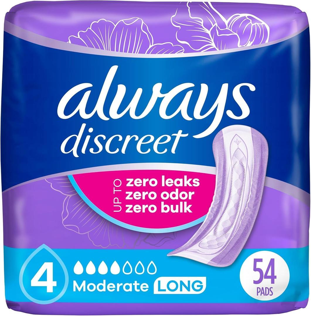 Always Discreet Adult Incontinence Pads for Women, Moderate Absorbency, Long Length, Postpartum Pads, Up to 100% Bladder Leak Protection, 54 Count 
