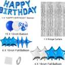 Silver Blue Birthday Party Decorations, Blue Happy Birthday Banner, Silver Fringe Curtain, Blue Silver Star Foil Balloons, Blue White Blue Confetti Balloons, for Boys Men Birthday Party Supplies