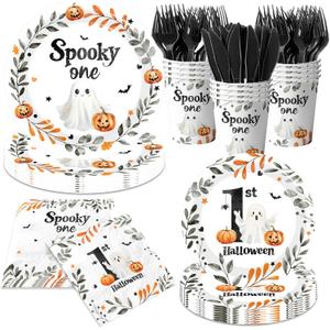 Spooky One Birthday Decorations for Boy,Halloween 1st Birthday Party Tableware Decorations Black Halloween Cartoon Ghost Pumpkin Leaves Wreath Disposable Plates Napkins Cups Forks and Knifes,Serve 24