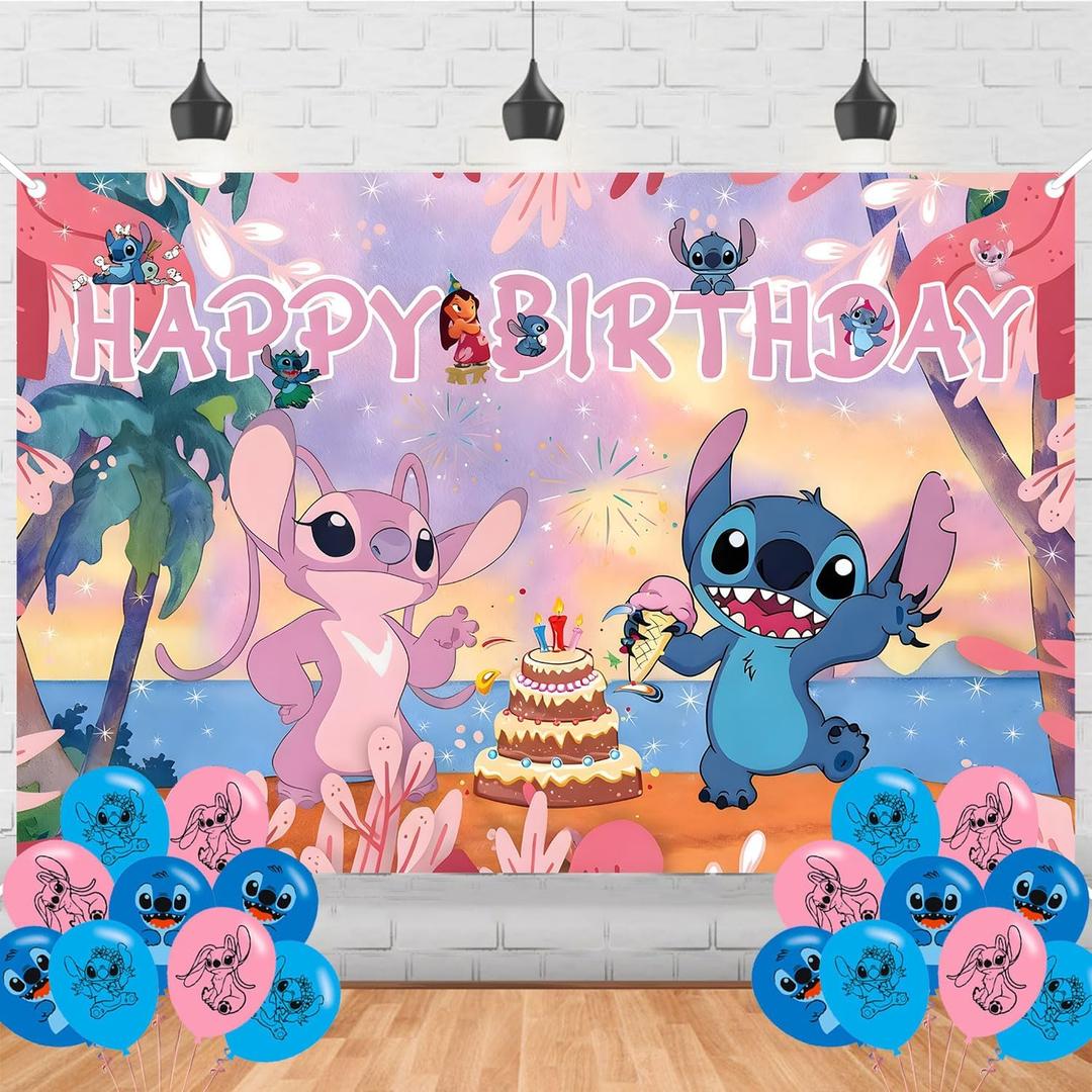 SDQ Birthday Decorations,Stittch Backdrops for Cartoon Party Decorations Supplies, Happy Birthday Banner Backdrop for Party Supplies (5x3ft)