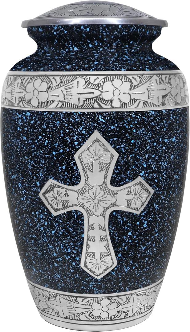 Urns for Human Ashes Adult Man & Female, Funeral Cremation Urn for Ashes Adult Male & Women, Burial or Decorative Urns, Engraved Cross Urns, Crosses & Religion, Black Marble Texture -Full Size