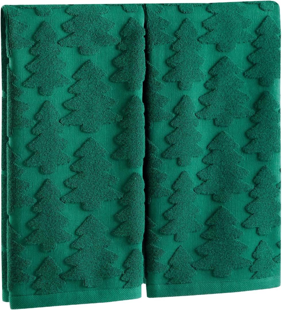 Quera 2 Pack Christmas Hand Towels Christmas Tree Green Bathroom Decorative Towels Set for Drying, Cleaning, Cooking, Holiday 13.7'' x 29.5''