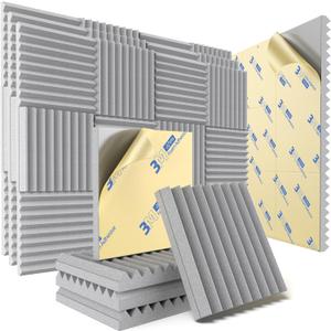 48 Pack Sound Proof Foam Panels for Wall with Self Adhesive, 1" X 12" X 12" High Density Acoustic Panels Sound Absorbing Quick-Recovery, Wedges Soundproof Wall Panels for Gaming & Studio Decor - Gray