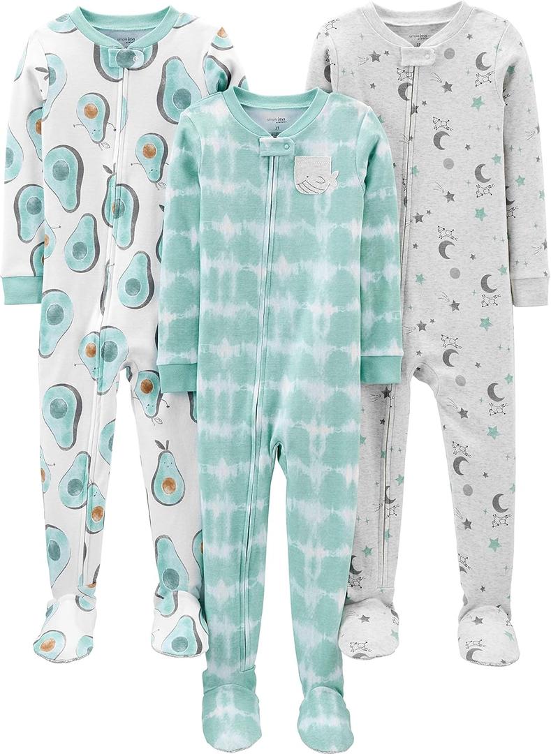 Simple Joys by Carter's baby-boys 3-pack Snug Fit Footed Cotton Pajamas (Avocados/Night Sky Print/Tie Dye) 18M
