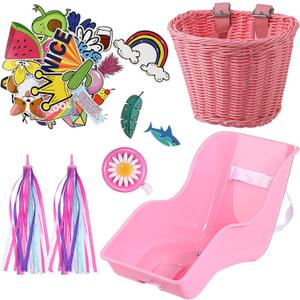 Doll Bike Seat with 30 Pcs Stickers Decals Bike Basket for Kids Bike Handlebar Streamers Colorful Ribbons Tassel Daisy Bike Bell for Girls Boys Bike Accessories Christmas Kids Gift (Pink)