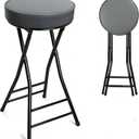 Folding Bar Stool,24 Inch Tall Foldable Stool Chair,Counter Height Cushioned Leather Padded Portable Stools,Heavy Duty Collapsible Stools for Kitchen Island Garden Camping Grey