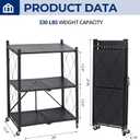 3 Tier Foldable Storage Shelves with Wheels, Metal Collapsible Organization Storage Rack, No Assembly Folding Bookshelf, Rolling Storage Rack for Kitchen, Bedroom, Pantry, Garage, Display, Black