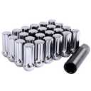 Set of 24, 14mmx1.5 7 Spline Wheel Lug Nuts for 6 Lug Aftermaket, Conical Bulge Seat, Closed End W/ 1 Socket Key, Silver