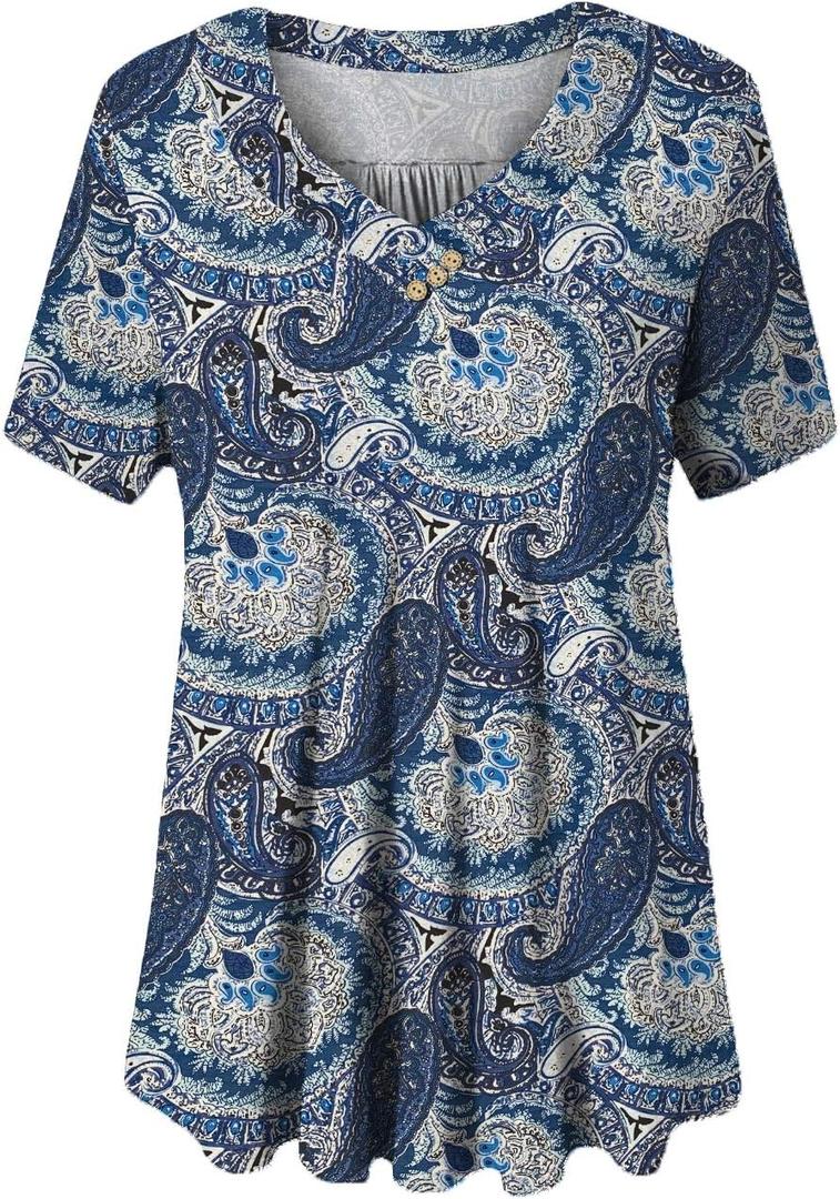 FOLUNSI Womens Plus Size Short Sleeve Henley Shirt V Neck Floral Blouses Tunic Tops M-4XL (1X, Color 07)