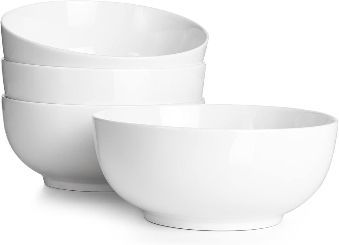 DOWAN 39 OZ Soup Bowls Set of 4 - Large Cereal Bowls, White Ceramic Big and Deep Ramen Bowls for Noodle, Pasta, Salad, Mixed Fruit - Dishwasher & Microwave Safe