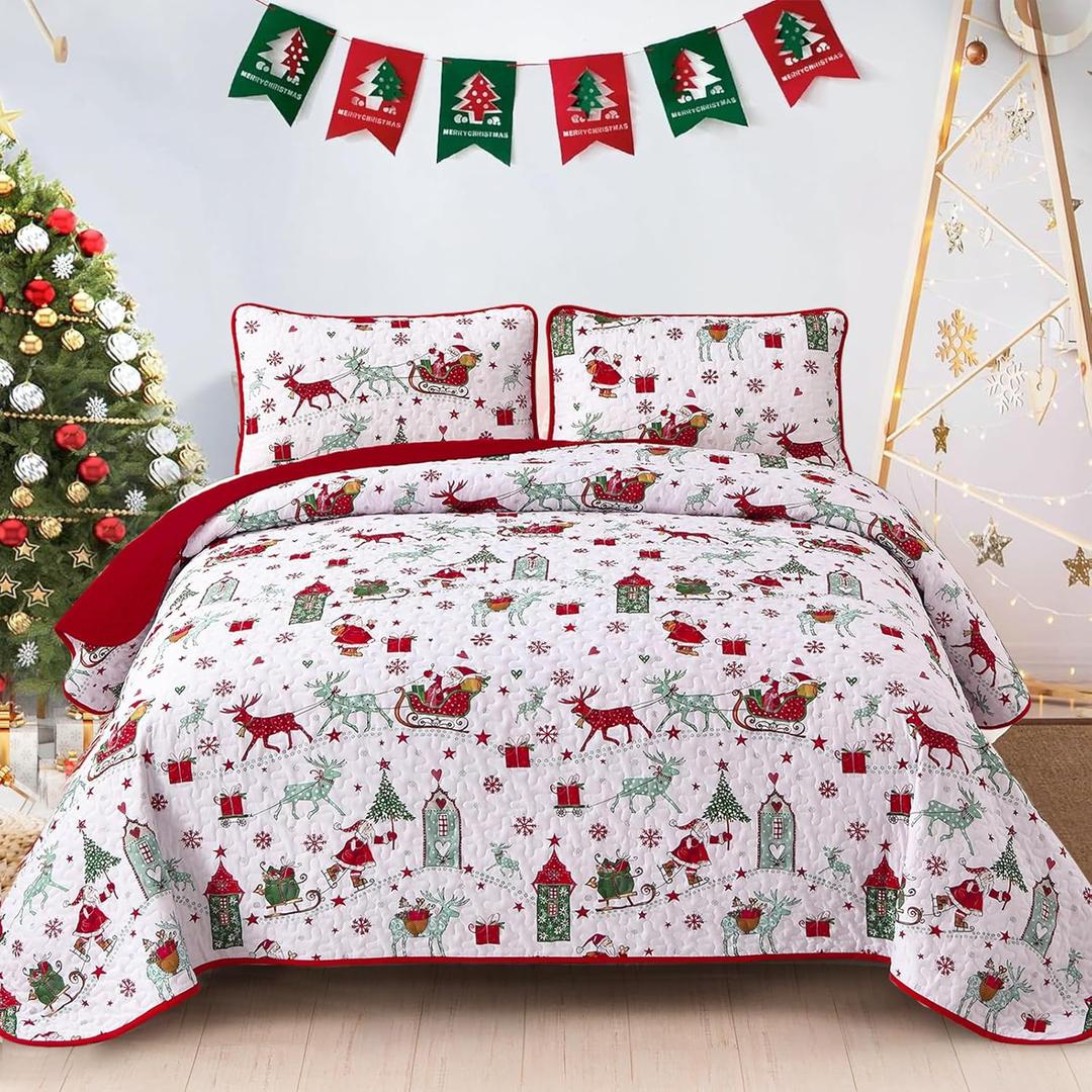 DJY Christmas Quilt Set King Size Reindeer Snowflake Sleigh 3 Piece Quilted Bedding Set, Red White Holiday Bedspread Coverlet with Pillow Shams New Year Room Decoration (110''x90'')