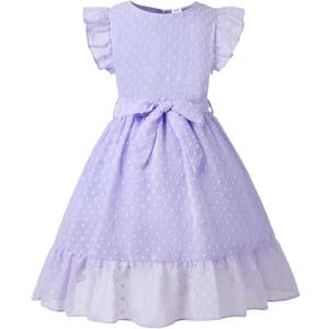 Girl Summer Dress Polka Dot Casual A-line Flutter Ruffle Sleeve Double Layer Flowy Dress 5-13 Years (Purple)