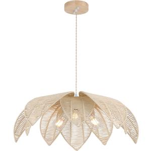 WYYSDWNE 24”Hand Woven White Rattan Chandelier, 3Lights Boho Light Fixture Adjustable Coastal Pendant Light for Kitchen Island Dining Living Room