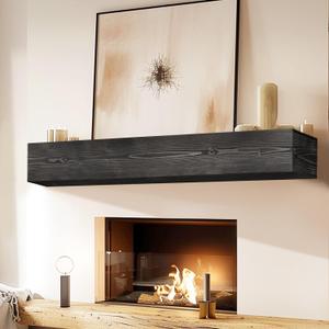 Fireplace Mantel Handmade, 6'' Thick Wall Decor Long Floating Shelf, 48inch Rustic Wood Shelf with Invisible Brackets, Black, 48x6x8-hollow