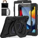 ROISKIN Kids Case for iPad 9th 8th 7th Generation 10.2 inch (2021 2020 2019)15ft Drop Protection 360 Rotating Kickstand Shoulder Strap Hand Grip Pencil Holder Kids Case for iPad 10.2 inch (Black)
