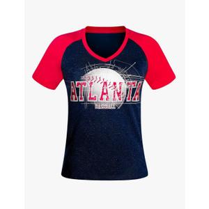 Womens City Baseball Fans Vintage Glitter Sporty V-Neck Tee Shirts - Navy & Red XL