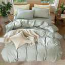 MooMee Bedding Duvet Cover Set 100% Washed Cotton Linen Like Textured Breathable Durable Soft Comfy (Heathered Sage Green, Super King Plus 120"x120")