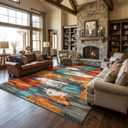 6x9 Burnt Orange and Teal Abstract Brushstroke Area Rug | Washable faux cashmere short pile with non-slip backing, ideal for living rooms, bedrooms and home offices