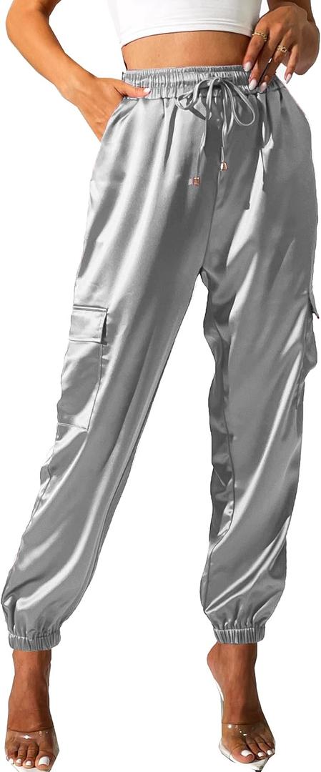 Women's Satin Cargo Joggers Pants Dressy Casual Silky Elastic High Waist Trousers (S)