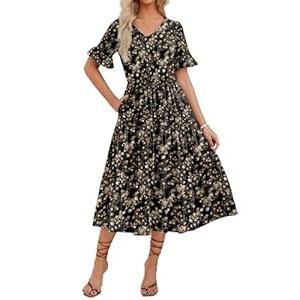Zeagoo Women Summer Dress Short Sleeve Casual Midi Dress with Pockets Ruffle Sleeve V Neck Tiered Dress, 