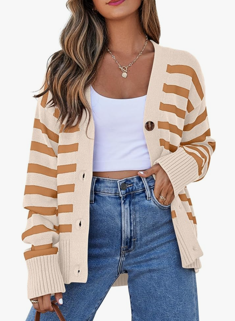 EVALESS Womens Striped Cardigan Sweaters Long Sleeve V Neck Lightweight Open Front Button Down Knit Cardigans 2XL