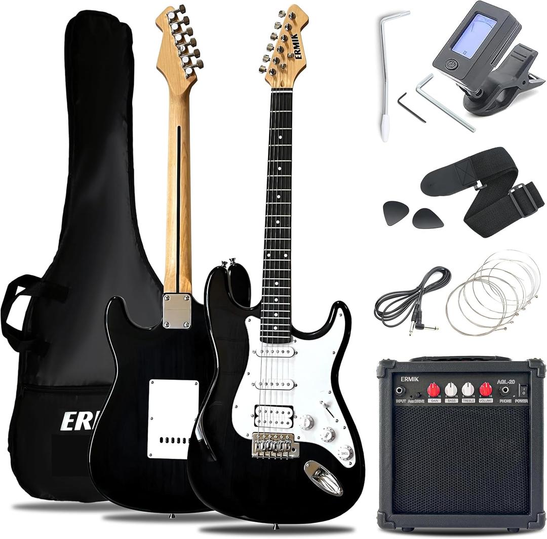 Ermik Soild Body Electric Guitar Kit with Amp 20W, Strings, Strap, Digital Tuner, Picks, Gig Bag, Cable, Tremolo Bar, 39" Full Size Guitar HSS Pickups Guitarra Electrica Beginner Gift - Black