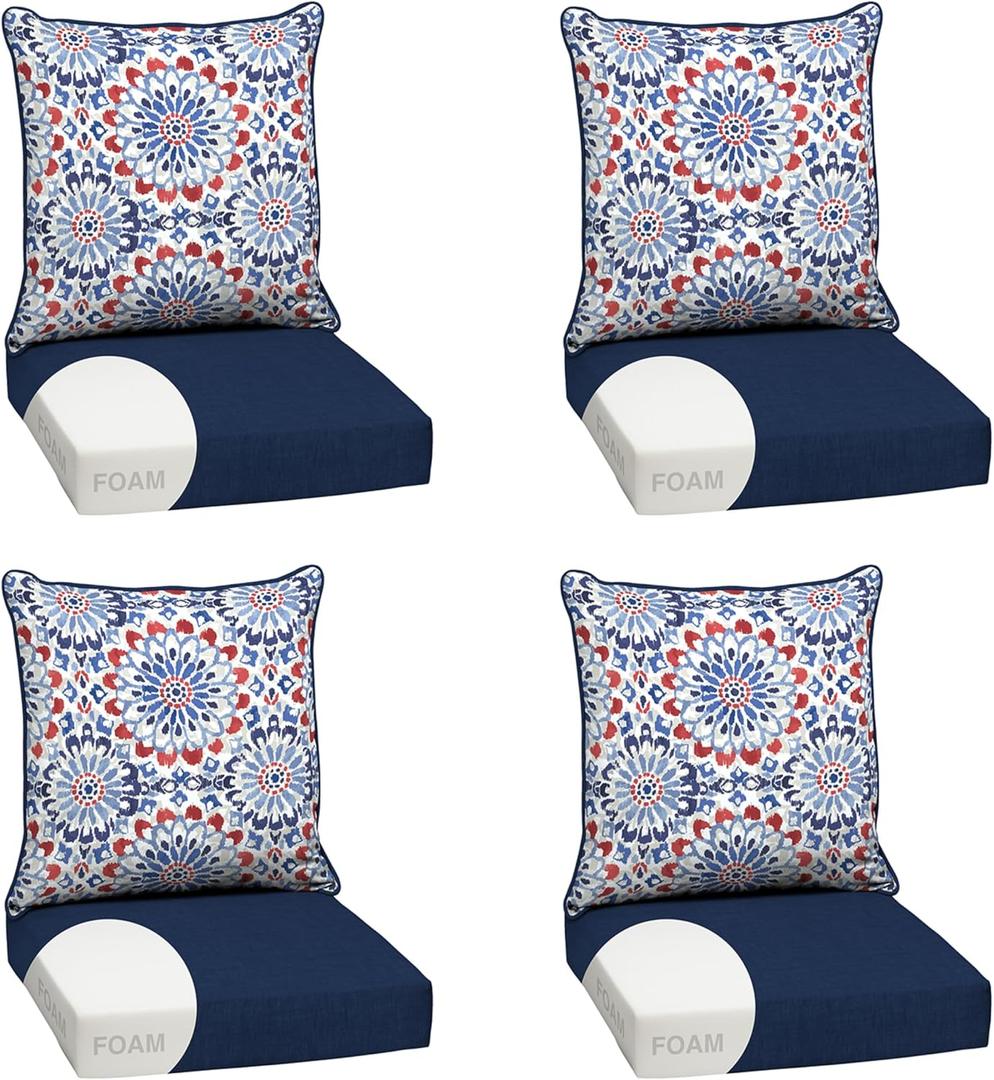 Arden Outdoor Foam Deep Seat Cushion Set (4-Pack), 24x24, Premium High-Density Foam, Never Flattens, Weather-Proof for Patio Chair Sofa Couch, Clark Blue