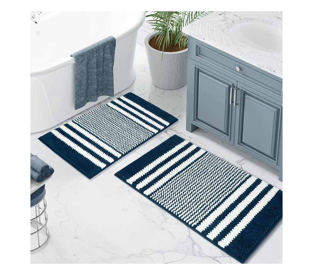 Tindbea Bathroom Rugs Set 2 Piece, Extra Soft and Absorbent Fluffy Striped Chenille Bath Mat Rug Set, Non Slip Bathroom Floor Mat, Machine Washable (20" x 32" Plus 16" x 24", Navy Blue)