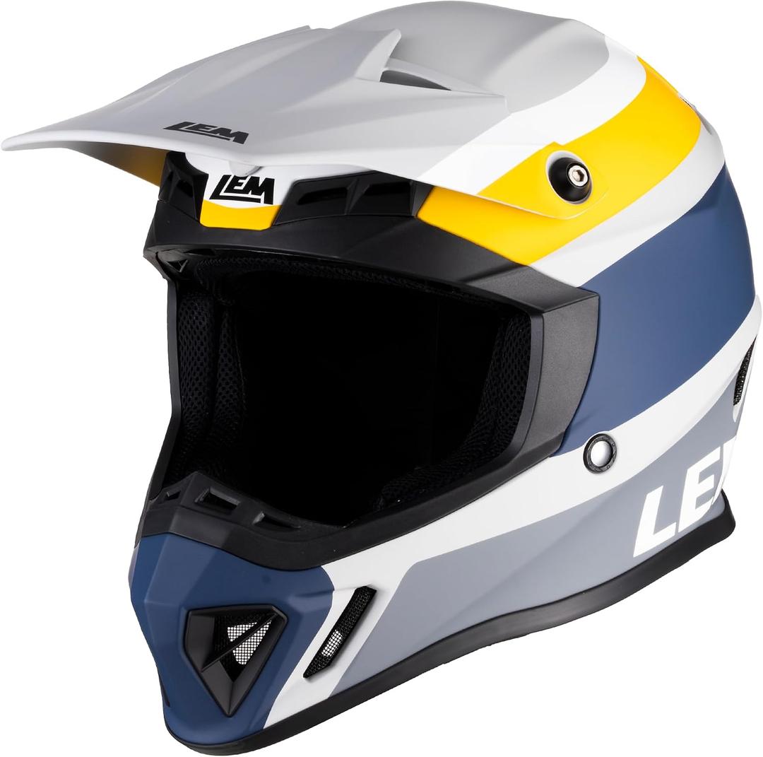 LEM Dirt Full Face Motorcycle Helmets Adult Bike Helmet for Men DOT Certified Motocross Helmet for Off-Road ATV BMX UTV, Adjustable Sun Visor, Fiberglass, Triple Series(Blue/Yellow Large)