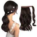CJL HAIR 14" Short Ponytail Hair Extension Wrap Around Pony Tail Clip in Curly Wavy Synthetic Fake Hairpiece for Women Dark Brown
