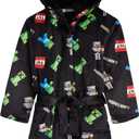 Minecraft Bath Robe for Boys, Teens Hooded Fleece Robe Cozy Loungewear Soft Nightwear Creeper Gamer Gifts for Kids (9-10 Years, Black)