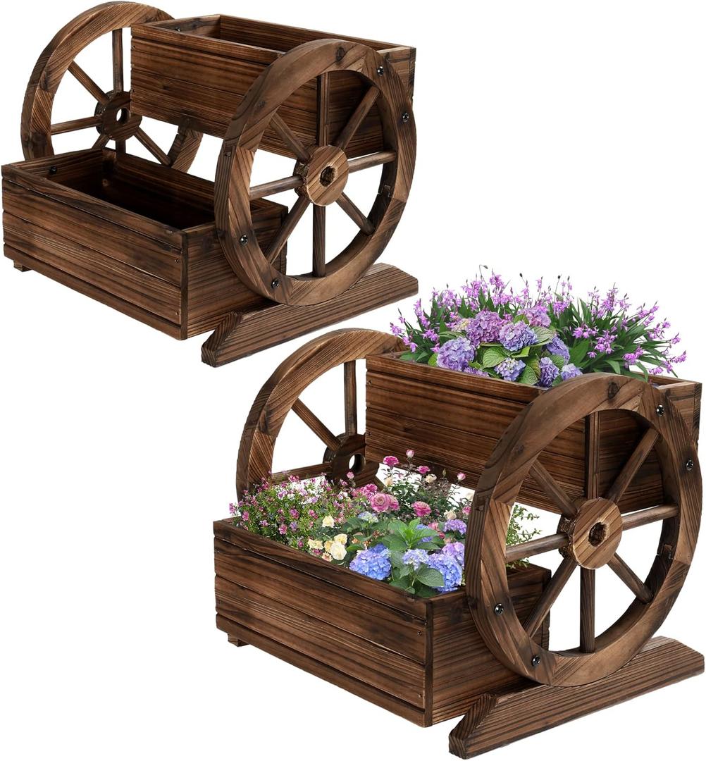 2PCS Wooden Wagon Planter Box, Garden Planter with Wheels,Decorative for Flowers Herbs Vegetables for Indoor & Outdoor Decor,Wooden Flower Cart for Patio Garden Balcony (2-tier Planter Box--2pcs)