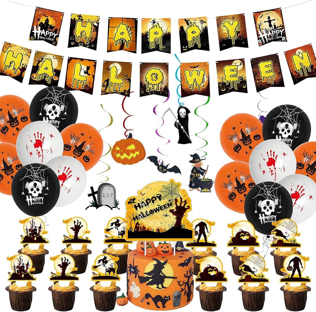Halloween Party Decorations, 50PCS Reusable Halloween Decorations Kit with Banner, Swirl Streamer, Ghost Balloons, Cake Toppers, Trick or Treat for Indoor or Outdoor Swirl Hanging Decoration