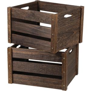 Wooden Crates Pack of 2, Rustic Handmade Wood Crate with Handles, Durable Large Wooden Crates for Display & Decor, Brown (16"x11.9"x10.3")