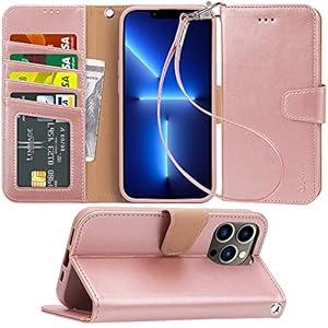 Arae Compatible with iPhone 13 Pro Max Case Wallet Flip Cover with Card Holder and Wrist Strap for iPhone 13 Pro Max 6.7 inch-Rose Gold