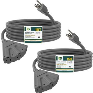 EP 2 Pack 15 Ft Outdoor Extension Cord with 3 Electrical Power Outlets - 16/3 SJTW Grey Cable with 3 Prong Grounded Plug for Safety Great for Christmas Lights, Garden and Major Appliances