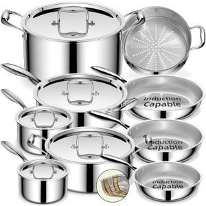 Umite Chef Stainless Steel Cookware Set, 5 Ply 14 Piece Stainless Steel Pot and Pan Set-Induction, Heavy Chef Quality, Oven Safe | Professional Kitchen Cooking Appliances, PFOA, PTFE & PFOS Free