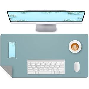 Dual-Sided Leather Desk Pad Protector- Non-Slip PU Desk Mat, Small Waterproof Office Blotter for Keyboard & Mouse | Desktop Mat | Home Office (23.6"x13.8",Light Blue-Grey)