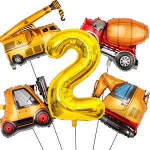 Construction Birthday Party Supplies 2 Year Old, Large Construction Balloons 40Inch Gold Number 2 Balloons Construction Truck Foil Balloons for Boys 2nd Construction Birthday Party Decorations