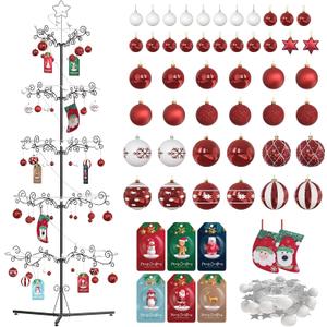 6.2 Ft Christmas Ornament Display Stand Tree, Metal Christmas Tree with 54 Balls, 80 LED Lights, 2 Stockings and 6 Holiday Cards, Wrought Iron Xmas Tree Hooks for Offices, Patios & Living Rooms