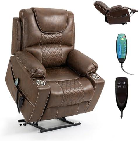 RHHVVR Oversized Power Lift Recliner Chair for Big and Tall 400 LBS, 25" Large Electric Recliner Chair with Massage and Heating, 180° Lay Flat Zero Gravity Recliner Sofa, Leather, Coffee Brown