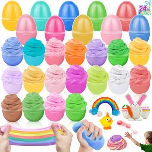 AMENON 24 Pack Easter Basket Stuffers Essential Fillers Butter Slime Kit Easter Eggs Fidget Toys Stress Relief Dry Clay Non-Sticky Stretchy Putty Slime Party Favors Kids Boys Girl Hunt Classroom Gift