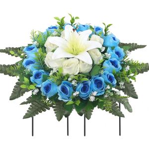 Artificial Cemetery Flowers,Grave Decorations Handcrafted Fake Birthday Flowers Cake,Silk Memorial for Cemetery for Headstones Decoration (Blue)