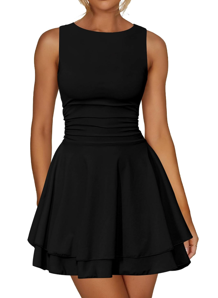 Kaximil Women's Ruffle Hem Boat Neck Mini Dress Sleeveless Ruched Corset Short Party Dresses, 150