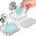 HASKO 2-Pack Suction Cup Soap Holder Bar Soap Dish for Shower with Hooks for Bathroom Optional Mounting with Adhesive Tape Includes 2 Soap Savers Polished Stainless Steel SS304