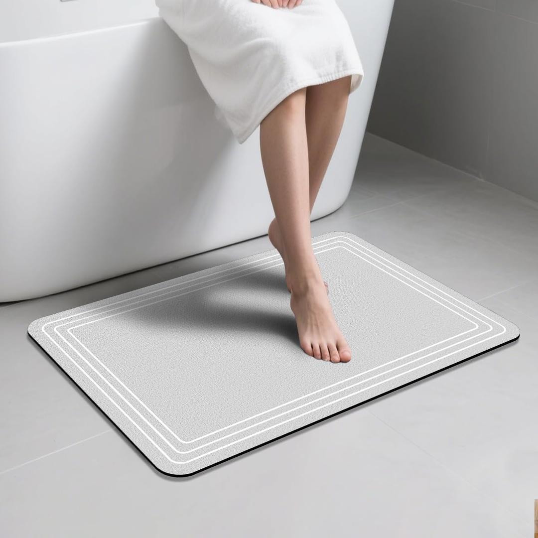 TBEECOZY Bath Mat Non Slip, Large Size Thin Quick Dry Absorbent Washable for for Bathroom Floor, Shower, Sink - Post-Shower Use, Fits Under Door Easy to Clean, Silver White,16"x24" (15.723.6)