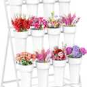 Asee'm Flower Display Stand with Buckets, 3 Layer Metal Flower Bar Stand, Heavy Duty Flowers Cart Display with Wheels Moving Plant Bouquet Shelf for Indoor Outdoor Patio Decor Terrace Wedding White