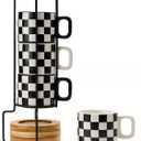 LUKA Ceramic Stackable Black and White Checkered Espresso Cups with Saucers and Metal Stand, 4 Ounce Small Demitasse Cups Set for Coffee Drinks, Latte, Tea - Set of 4