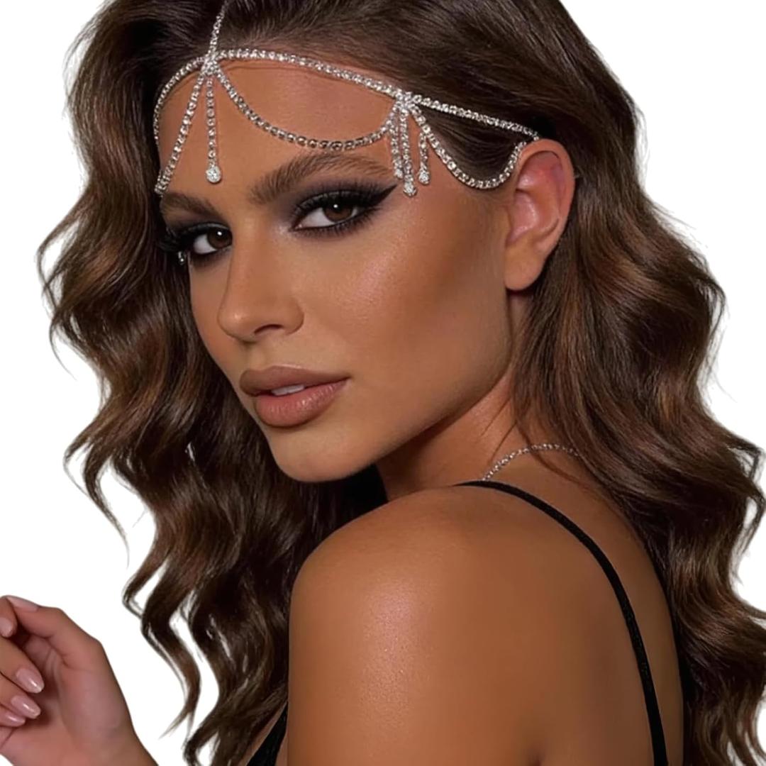 ShimmerRise Rhinestone Headpiece Elastic Crystal Headband Elegant Hair Jewelry for Women Prom Wedding Party (Brow-Dangle Fringe)